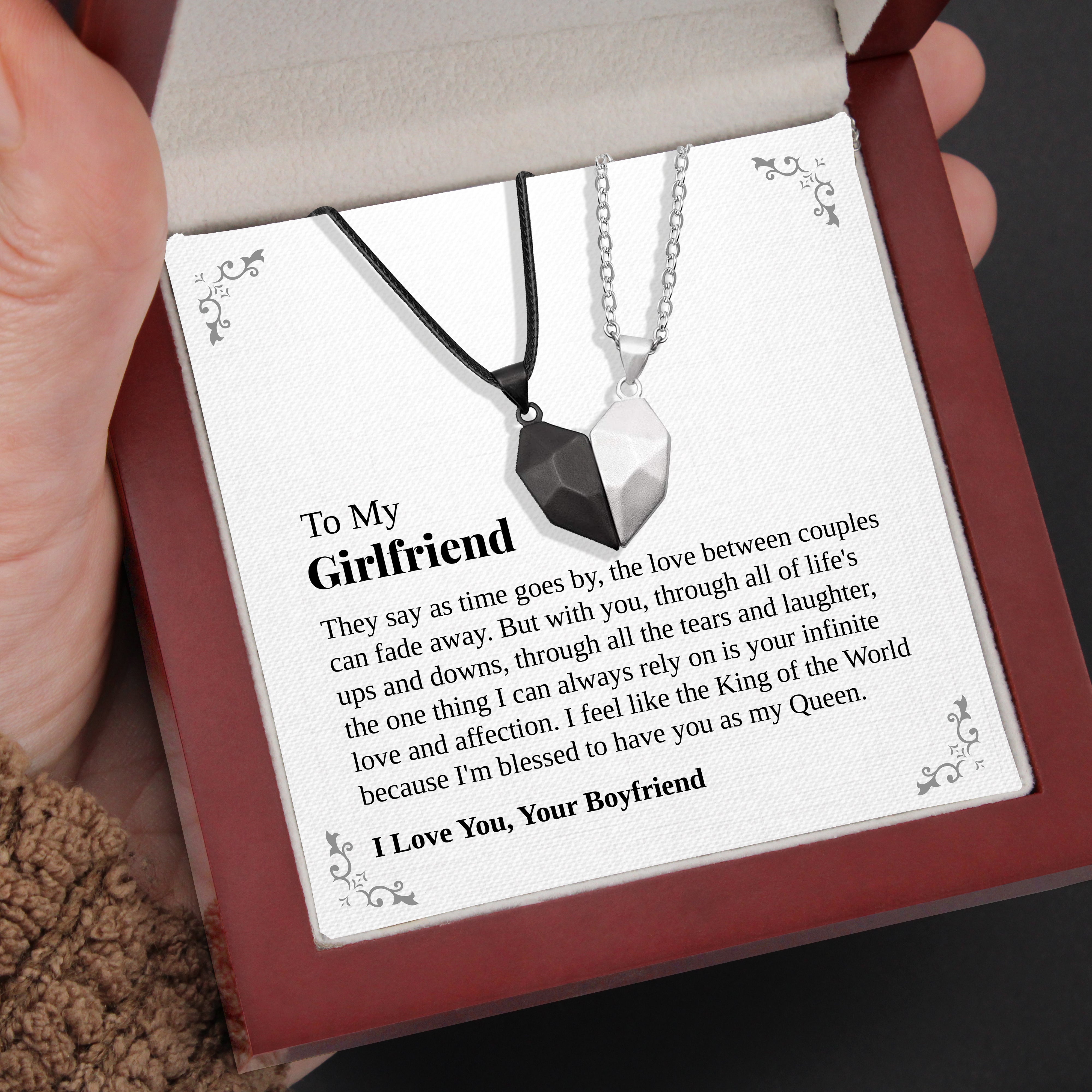 To My Girlfriend | "King and Queen" | His-and-Hers Magnetic Hearts Necklaces
