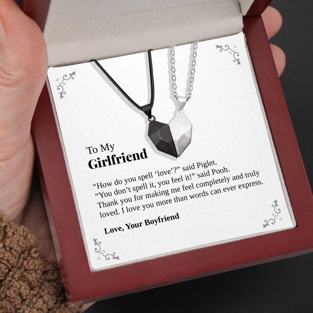 Load image into Gallery viewer, To My Girlfriend | “Feel the Love” | His-and-Hers Magnetic Hearts Necklaces
