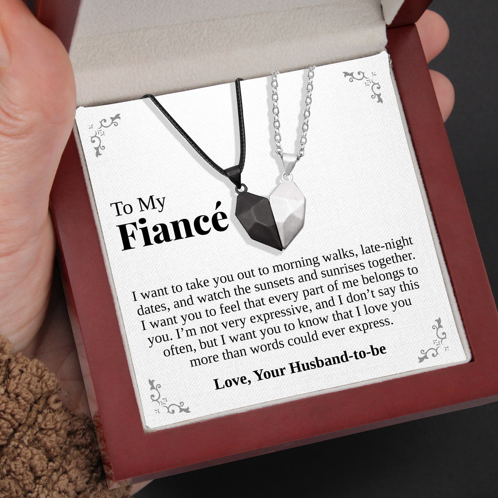 Load image into Gallery viewer, To My Fiancé | “More Than Words” | His-and-Hers Magnetic Hearts Necklaces

