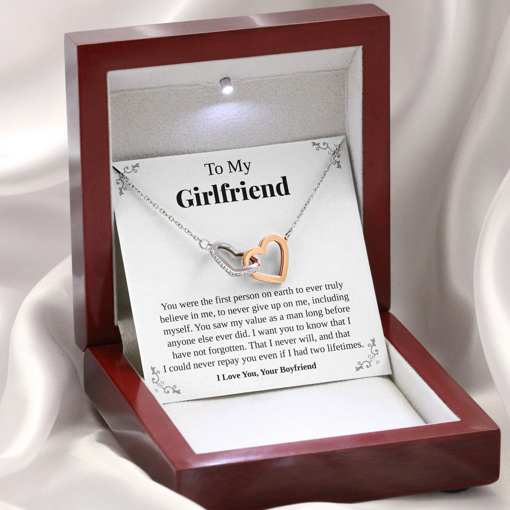 Load image into Gallery viewer, To My Girlfriend | “Two Lifetimes” | Interlocking Hearts Necklace
