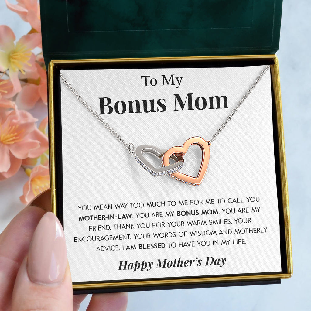 Load image into Gallery viewer, To My Bonus Mom | &quot;My Friend&quot; | Interlocking Hearts Necklace
