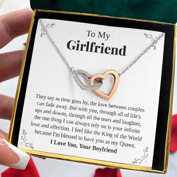 Load image into Gallery viewer, To My Girlfriend | &quot;King and Queen&quot; | Interlocking Hearts Necklace
