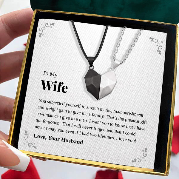 Load image into Gallery viewer, To My Wife | &quot;I Will Not Forget&quot; | His-and-Hers Magnetic Hearts Necklaces
