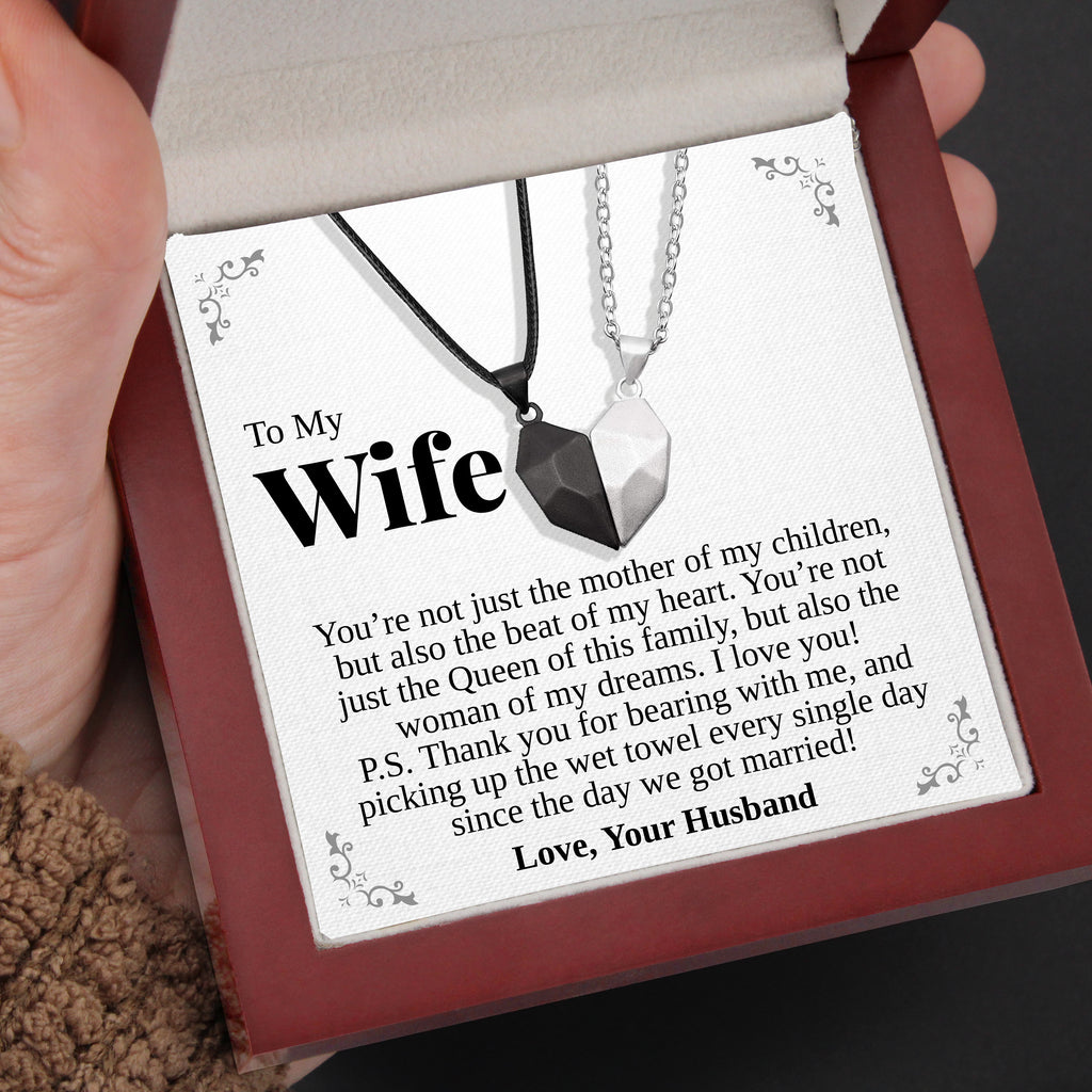 Load image into Gallery viewer, To My Wife | &quot;Wet Towel&quot; | His-and-Hers Magnetic Hearts Necklaces
