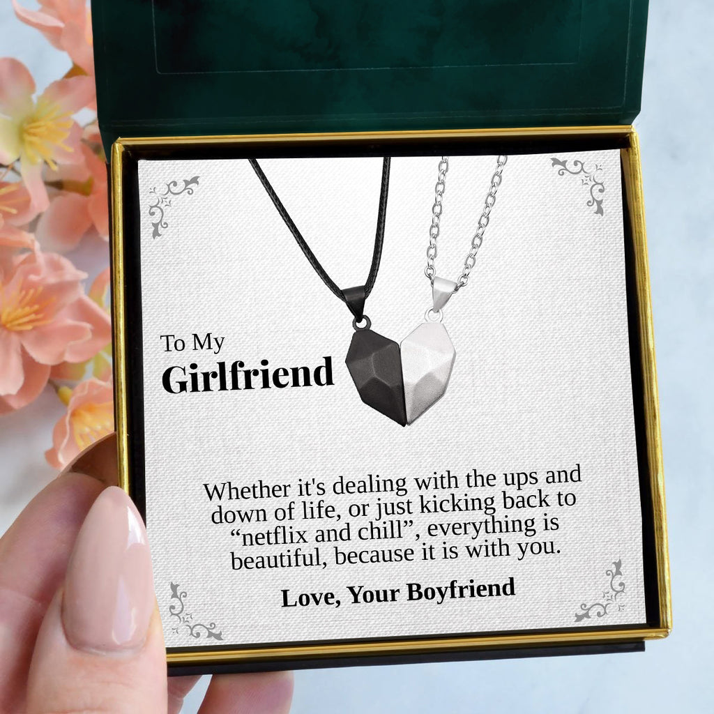 Load image into Gallery viewer, To My Girlfriend | &quot;Netflix &amp; Chill&quot; | His-and-Hers Magnetic Hearts Necklaces
